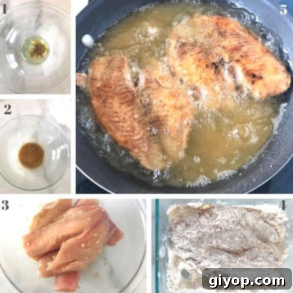 A visual guide showing step-by-step photos for preparing pan-seared tilapia, from marinating to frying.