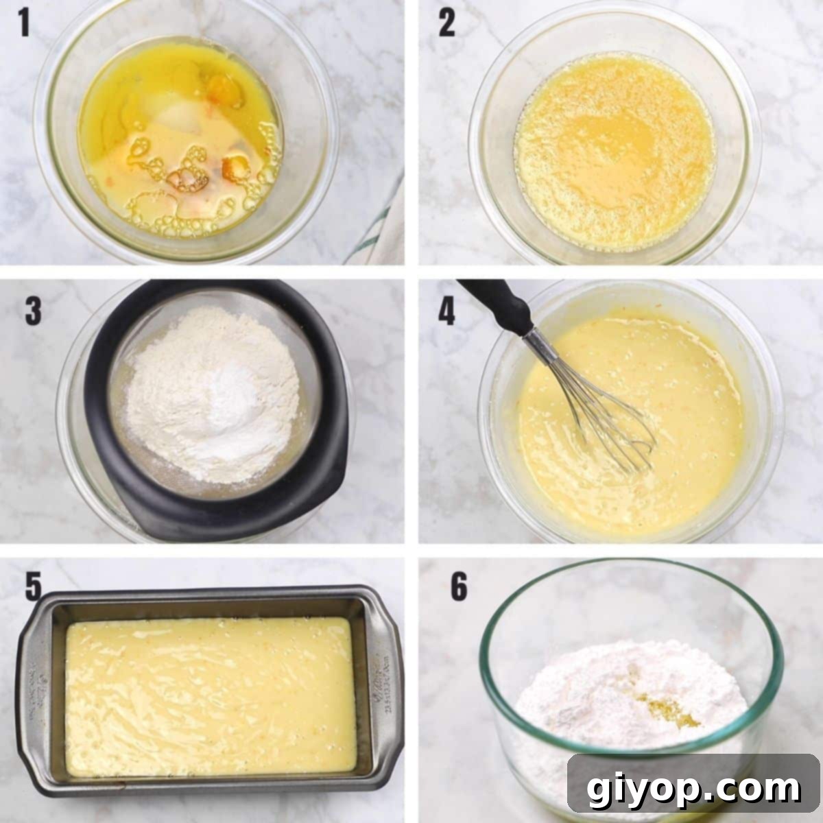 A collage of six images demonstrating the process of making a delicious orange juice cake, from mixing ingredients to pouring batter into a pan.