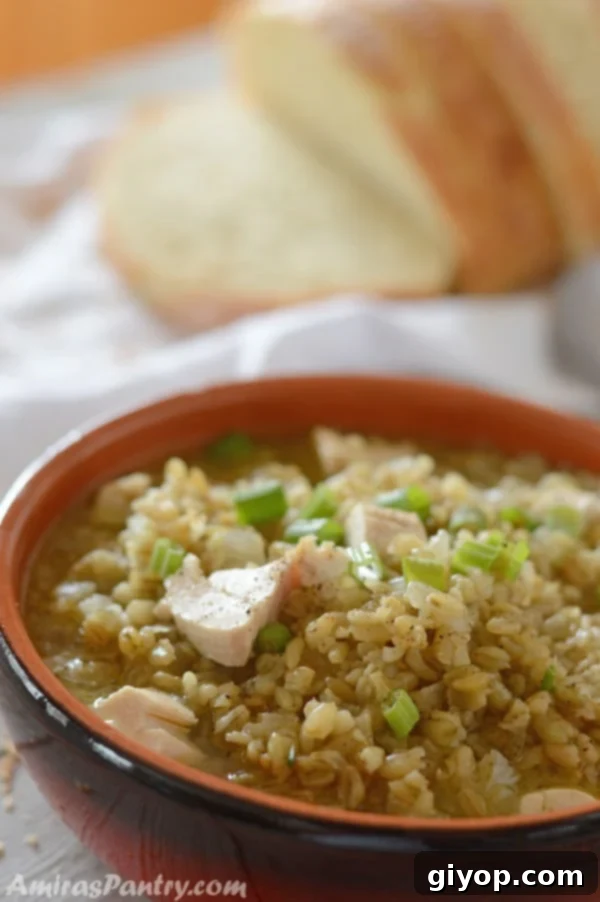 Freekeh soup in a bowl with chicken pieces and a loaf of bread.