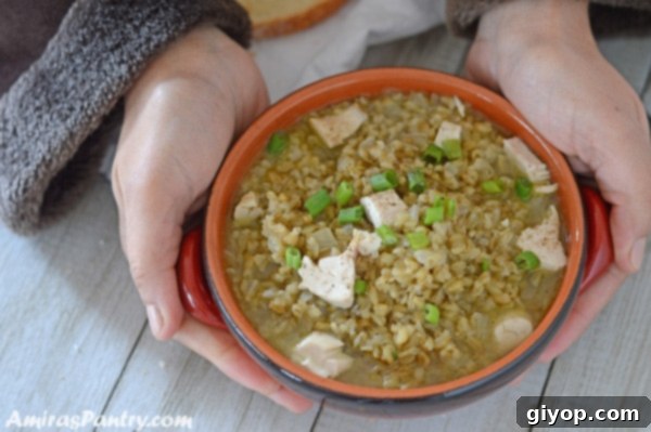 Hand holding a boel of freekeh soup.