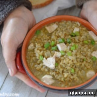 A bowl of food, with Freekeh Soup