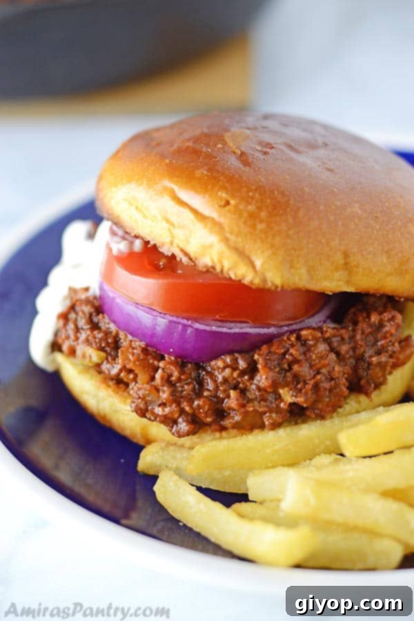 A sloppy joes sandwich placed on a blue plate with fries on the side.