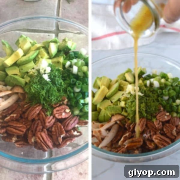 A thoughtfully arranged plate displaying the core components of the salad: crunchy pecans, fresh herbs, and creamy avocado slices, highlighting the quality of ingredients.