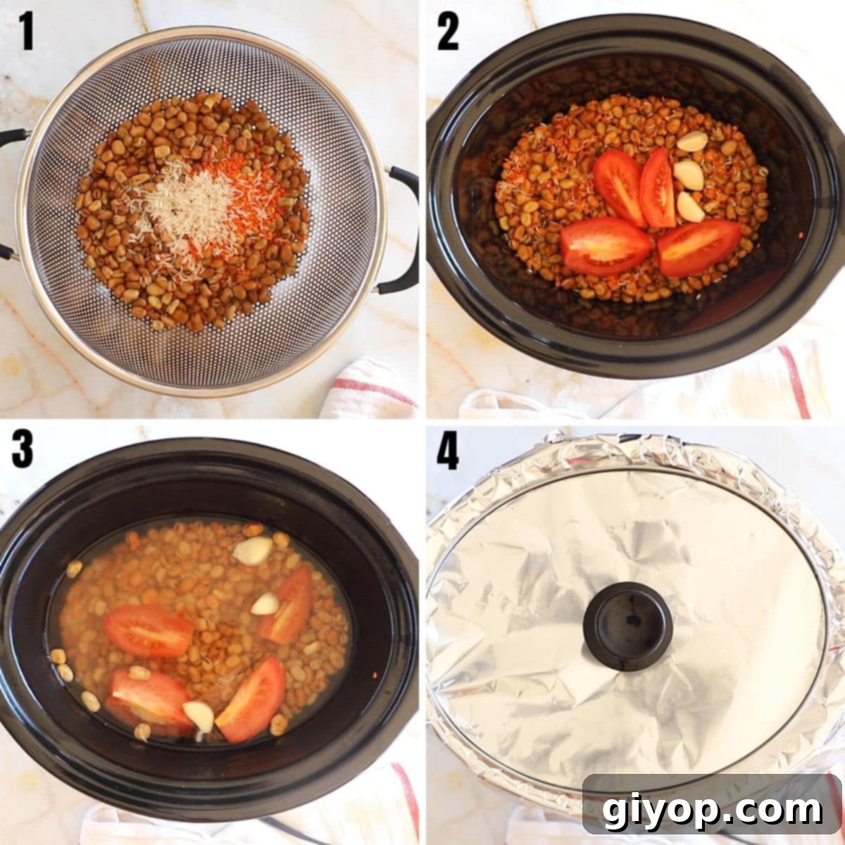 A four-image collage demonstrating the preparation of Ful Medames: washing beans, placing in slow cooker, adding tomatoes and garlic, and covering with water.