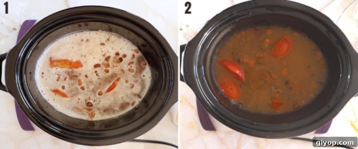 A two-image collage showing the addition of baking powder to ful medames in a slow cooker, illustrating the bubbling reaction.
