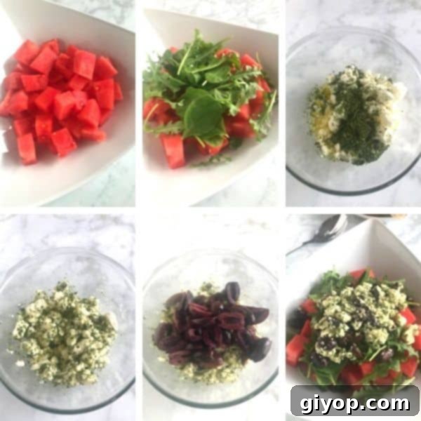 Step-by-step photos illustrating how to make watermelon feta salad, showing ingredients being combined in bowls.