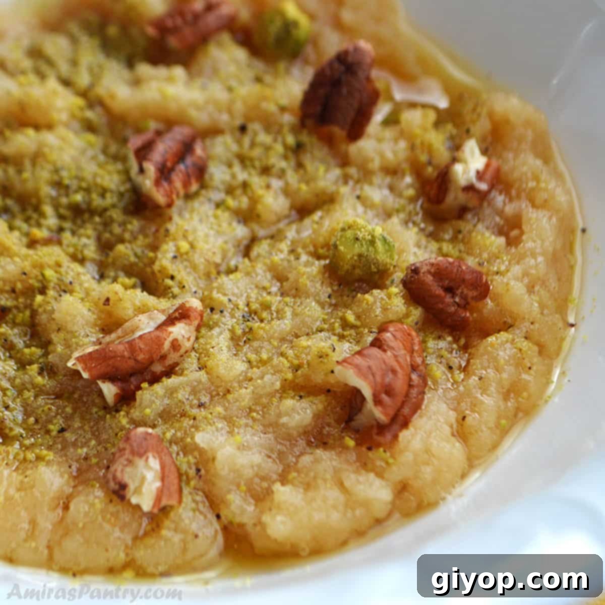 A close up on Turkish Wheat Halva in a white bowl, delicately garnished with crushed nuts, highlighting its rich, golden-brown hue and inviting texture.