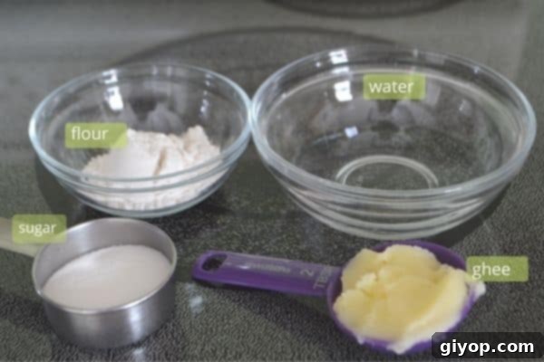 Recipe ingredients for Turkish Wheat Halva laid out neatly on a stovetop, featuring flour, sugar, ghee, and milk, ready for preparation.