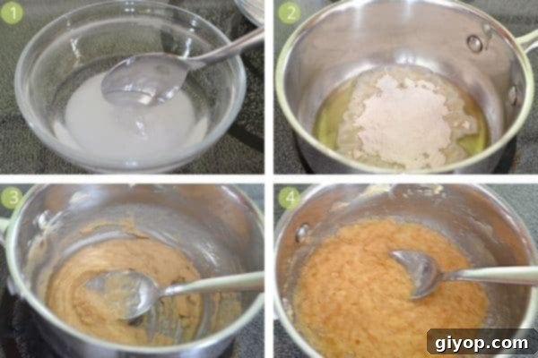 A visual step-by-step guide to making wheat halva, showing the flour being toasted in ghee, then mixed with the sugar syrup until a smooth paste forms.