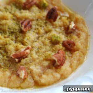 A close up on wheat halwa in a white bowl garnished with some crushed nuts
