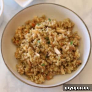 A top view of a bowl with freekeh pilaf.