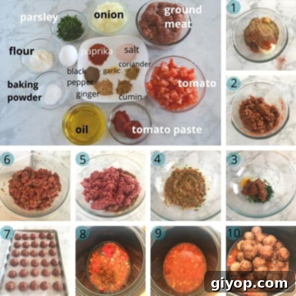 Step-by-step photos showing ingredients for Moroccan meatballs and the sauce preparation process in bowls.