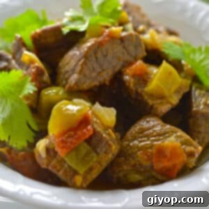Meat cubes with bell pepper on a white bowl.