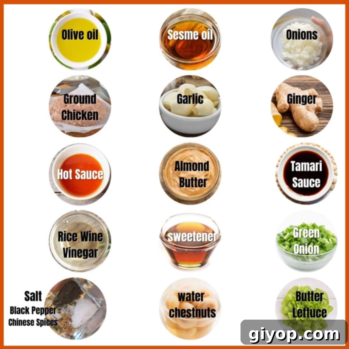 An overhead shot showcasing all the fresh, low-carb ingredients for making chicken lettuce wraps.