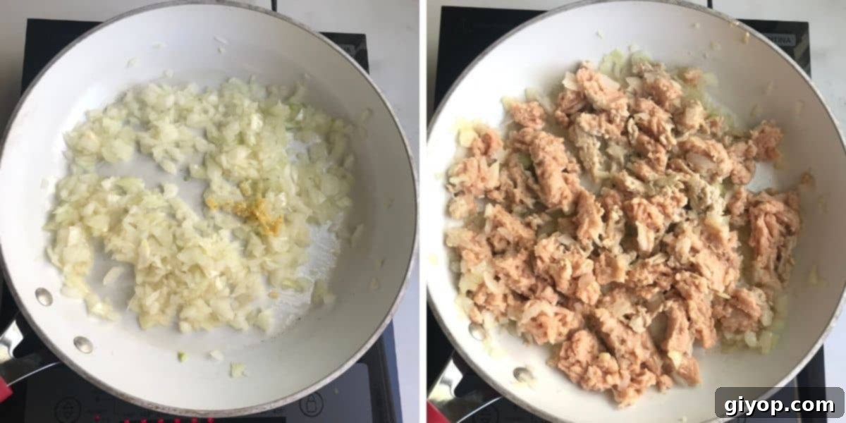 A visual guide showing the process of cooking chicken, onions, and garlic in a pan for the lettuce wraps.