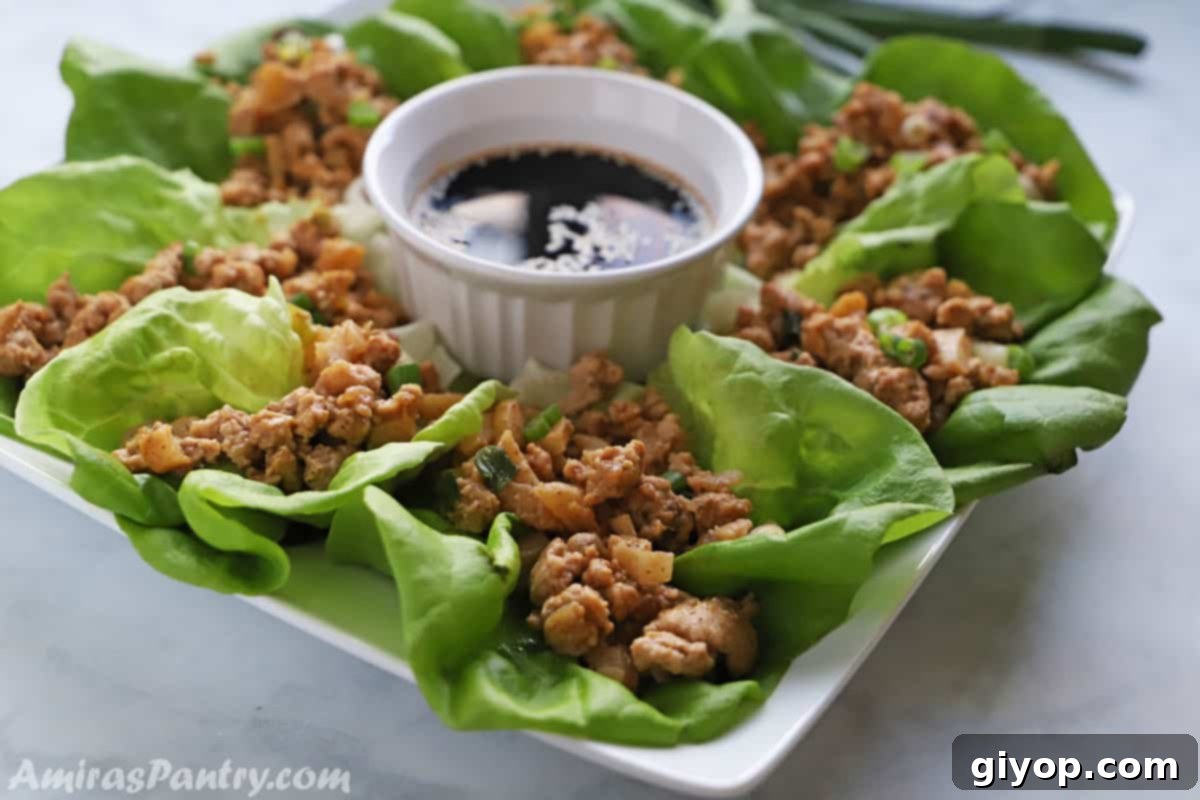 Chicken lettuce wraps served beautifully on a white platter, with a small bowl of sauce for dipping.