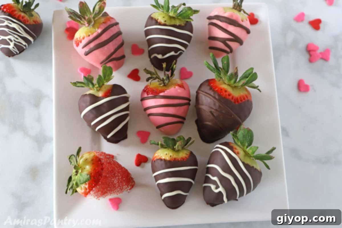 Chocolate covered strawberries in pink, white and brown colors with heart sprinkles on a white square plate