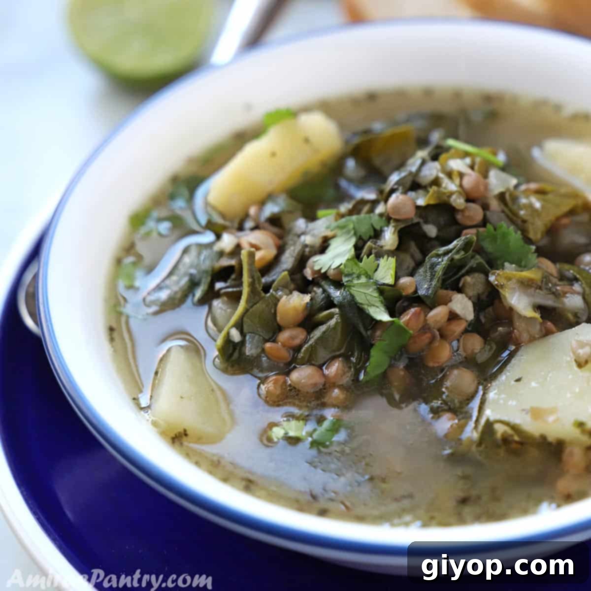 Lebanese brown lentil soup in a white plate with a blue rim placed on another blue dish with a spoon on the side.