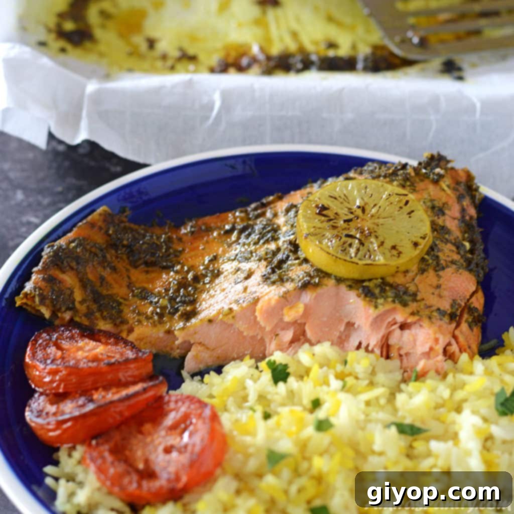 A beautifully baked piece of Moroccan salmon served with yellow rice on a blue plate, garnished with fresh herbs and a lemon slice.