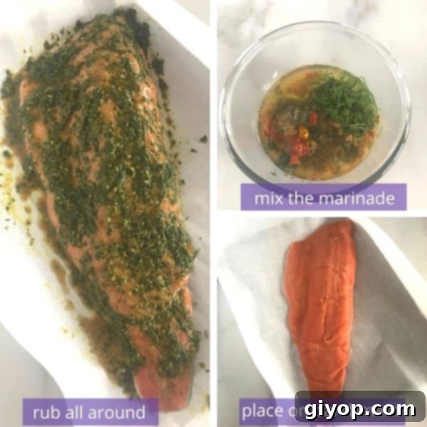A step-by-step image showing salmon fillets being marinated on a baking sheet, ready for the oven.