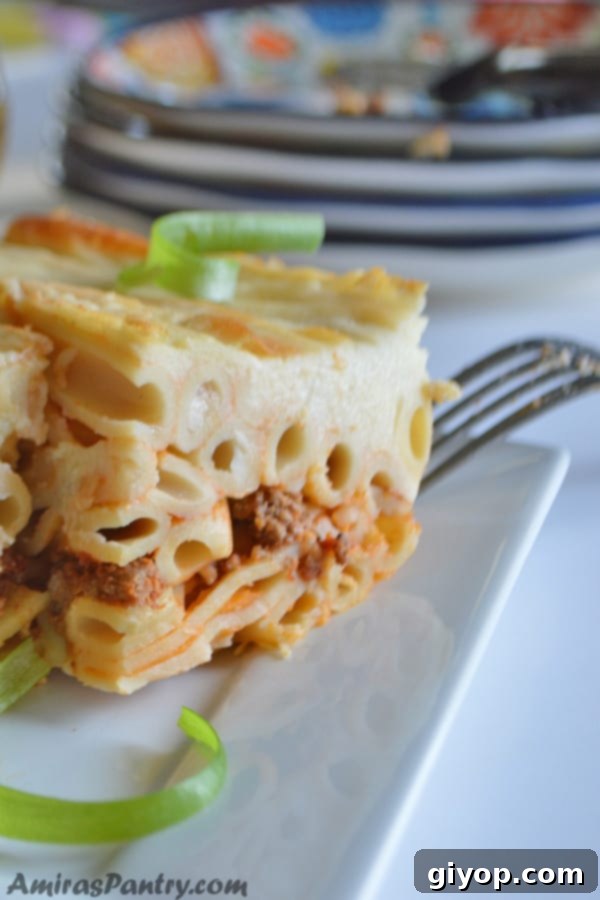 Effortless Freezer Meals 2 A close up of a piece of Baked Pasta with ground beef in a dish