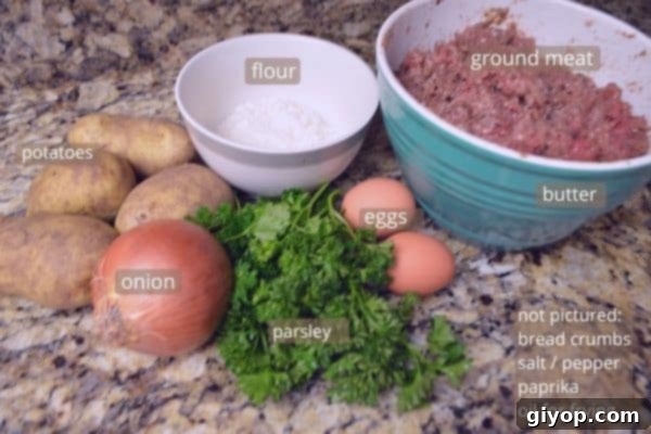 A collection of ingredients for fried stuffed potatoes, including potatoes, ground beef, herbs, and spices.