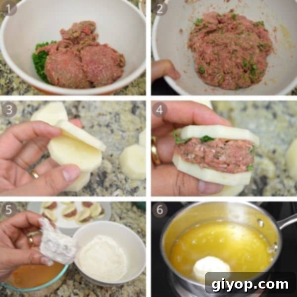 Step-by-step process of making fried stuffed potatoes, showing the preparation and frying stages.