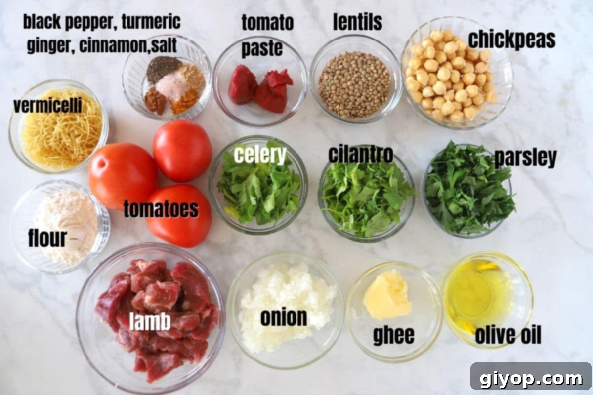 Hearty Moroccan Harira Lentil and Chickpea Soup 3 Various Harira ingredients laid out on a white marble table, including tomatoes, herbs, spices, and legumes.