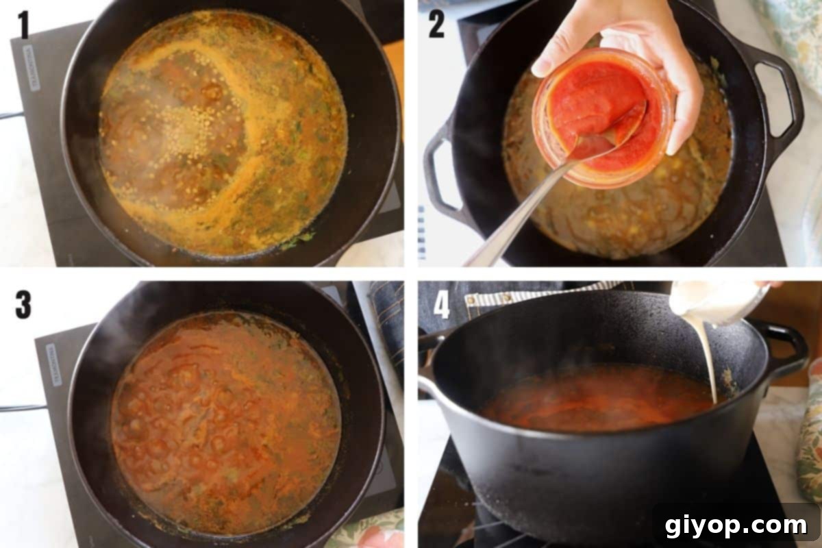 Hearty Moroccan Harira Lentil and Chickpea Soup 5 A four-panel collage demonstrating the final stages of Harira soup preparation, including adding lentils, pasta, and thickening the soup.