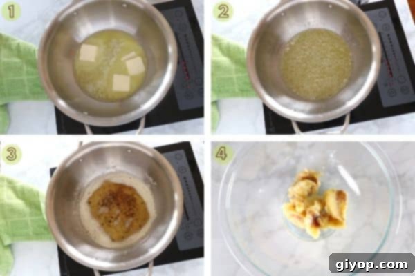 A visual guide with step-by-step photos showing butter browning in a pan and the subsequent cookie dough preparation.