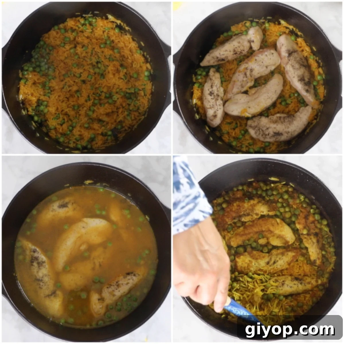A four-image collage demonstrating the final stages of cooking chicken and yellow rice, including adding peas, arranging chicken, pouring liquids, and covering the pot.