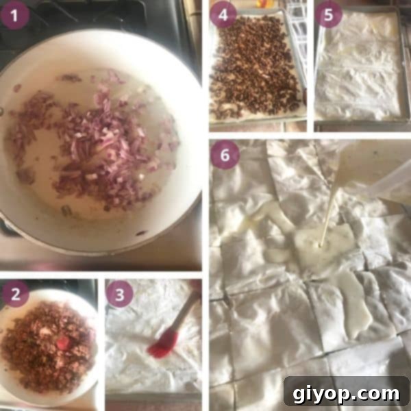 step by step to making the phyllo meat pie.