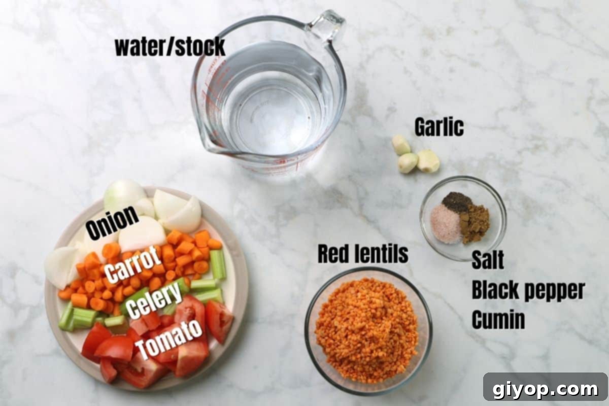 Classic Egyptian Red Lentil Soup 3 A collection of fresh ingredients for Red Lentil Soup, including red lentils, vegetables, and spices, neatly arranged on a white marble table.