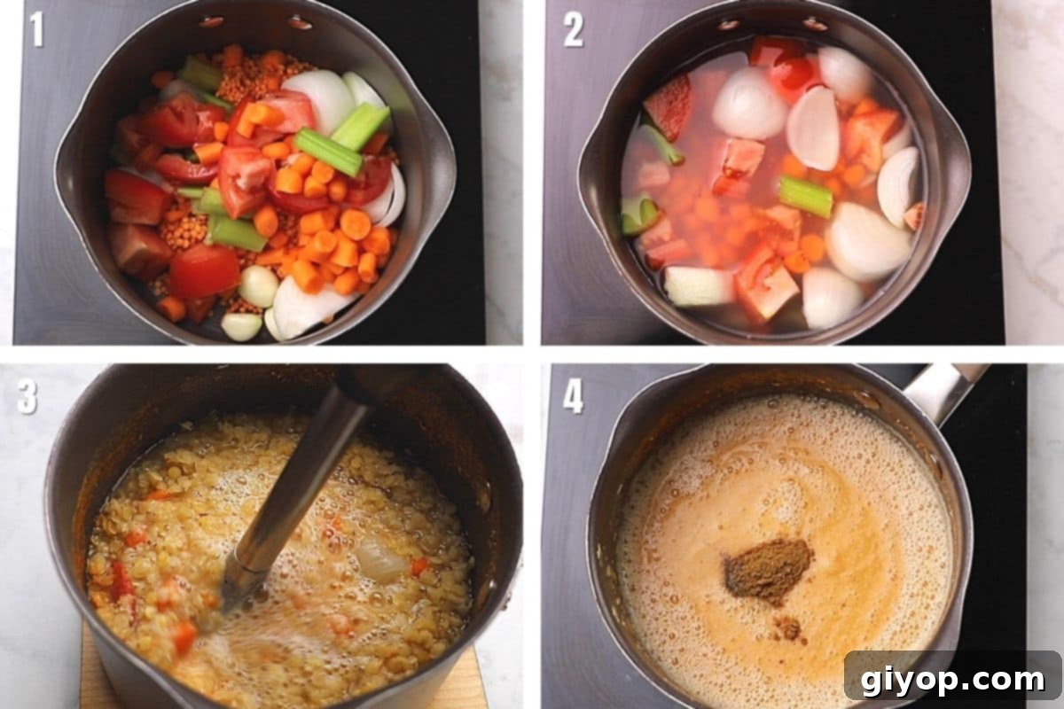 Classic Egyptian Red Lentil Soup 4 A step-by-step photo collage illustrating the preparation of Middle Eastern Red Lentil Soup, showing chopped vegetables, lentils, and the cooking process in a deep pot.