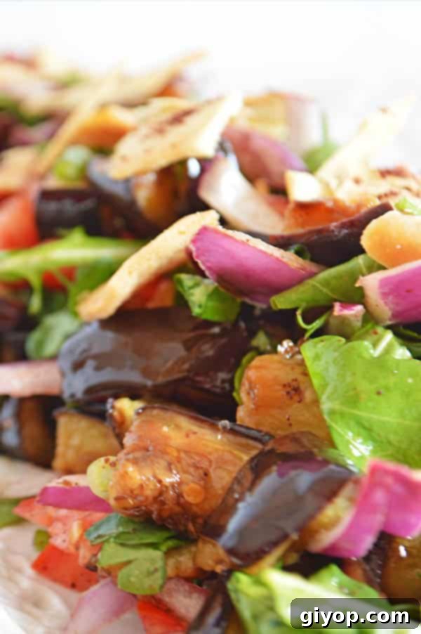 Effortless Eggplant Salad 2 A closer look on eggplant salad showing eggplants with onion and arugula, highlighting the freshness and rich color.