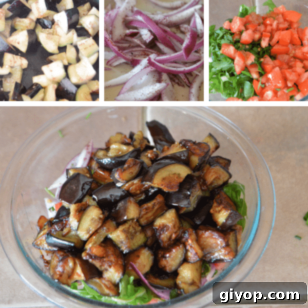 Effortless Eggplant Salad 4 Steps to show how to make easy eggplant salad, with images of each preparation stage.