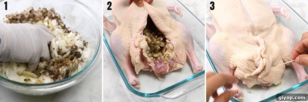 A collage of three instructional photos showing the preparation process of a whole duck, including how to mix the onion stuffing and generously stuff the duck cavity.