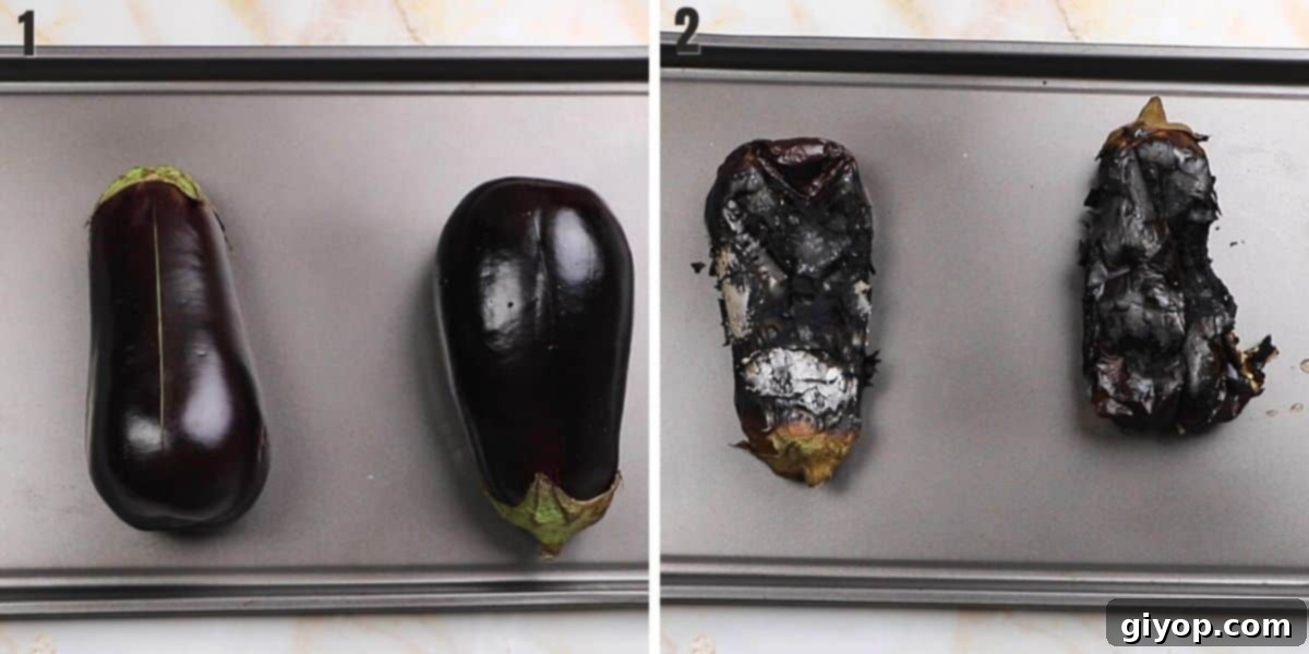 A collage of two photos showing how to roast eggplants.