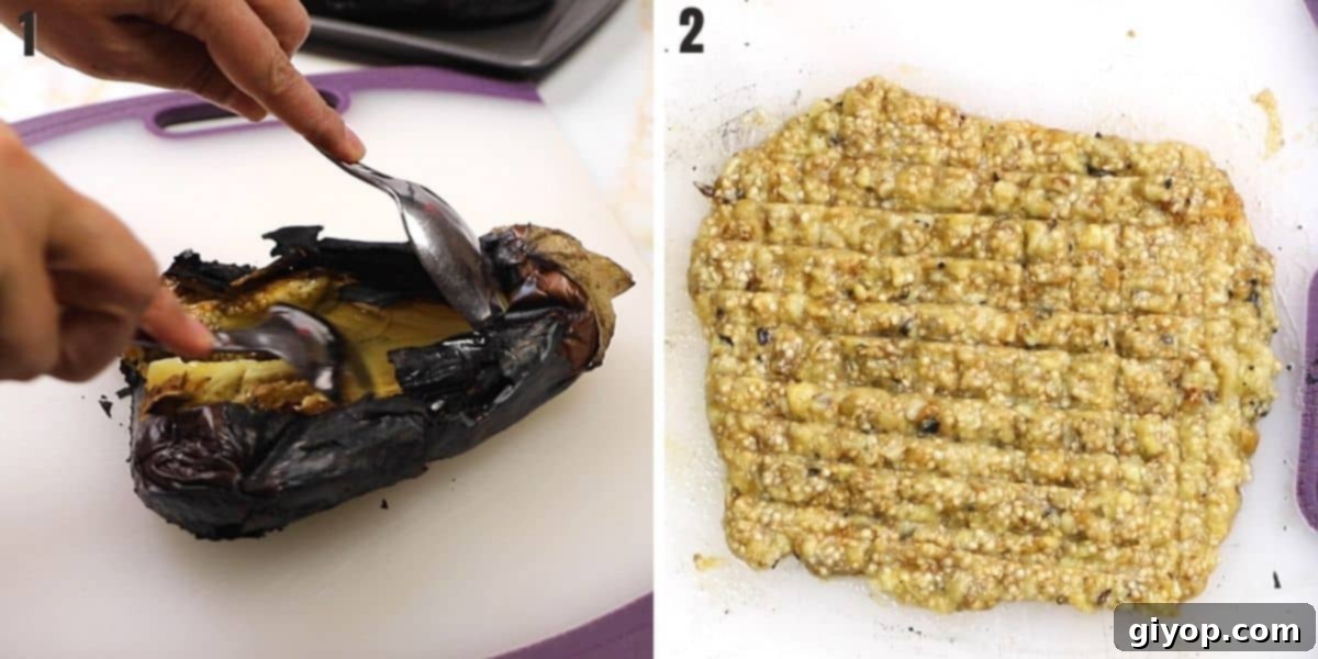 A collage of two photos showing how to scoop up eggplant flesh to make mutabal.