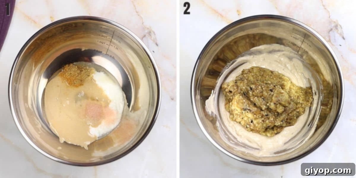A collage of two images showing how to make mutabal recipe.