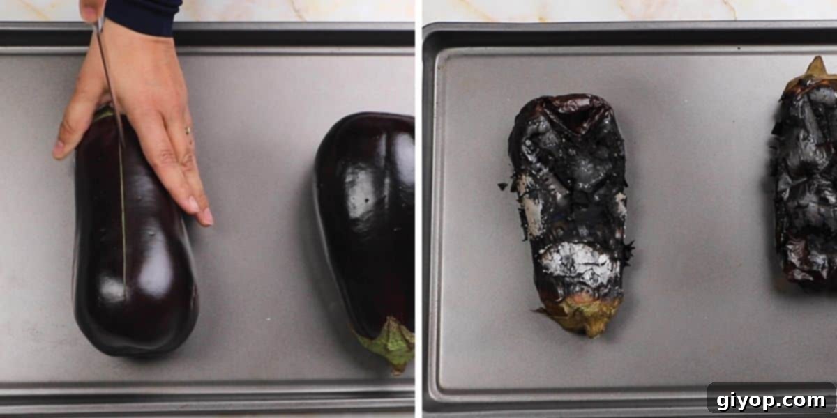 A collage of two images showing how to roast eggplants.