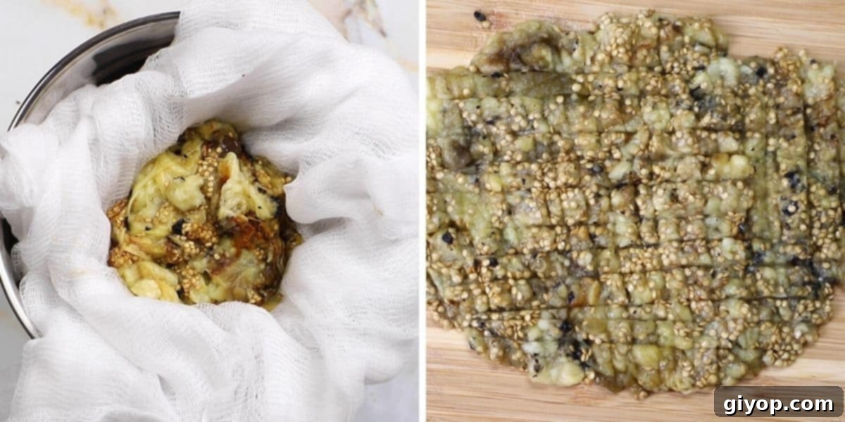 A collage of two images showing how to drain and cut eggplant flesh.