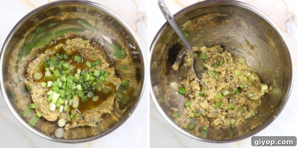 A collage of two images showing how combine eggplant dip ingredients together.