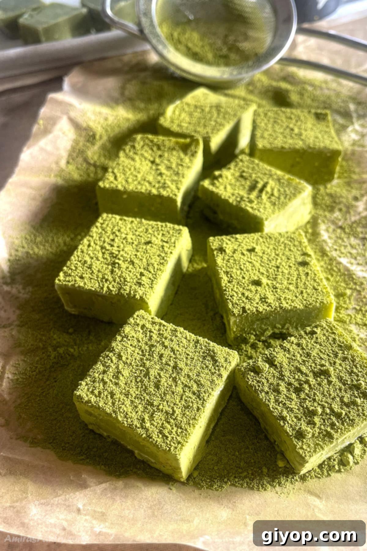 Emerald Cacao Fusion 2 Matcha chocolate squares dusted with vibrant matcha powder, ready to be enjoyed.