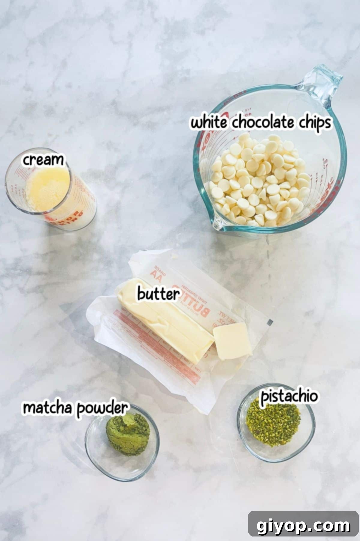 Emerald Cacao Fusion 3 High-quality white chocolate, heavy cream, unsalted butter, and matcha powder - the core ingredients for our matcha chocolate.