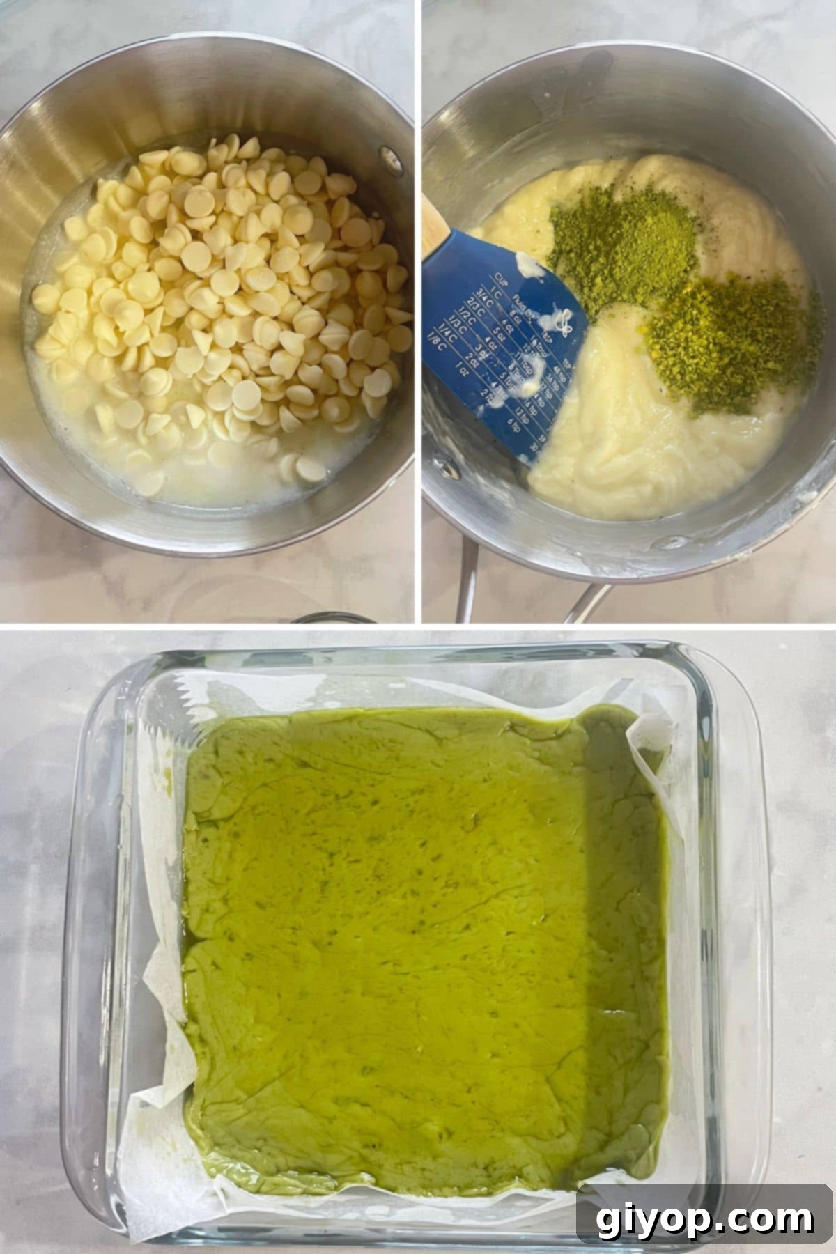 Emerald Cacao Fusion 4 A visual guide showing the three main steps to preparing matcha chocolate: melting, mixing, and setting.