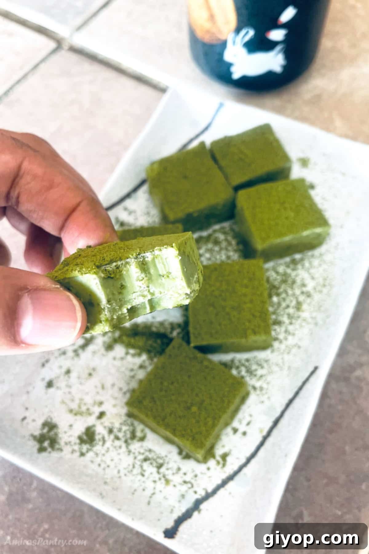Emerald Cacao Fusion 5 A hand holding a square of matcha chocolate with a bite taken off to reveal its creamy, dense texture.
