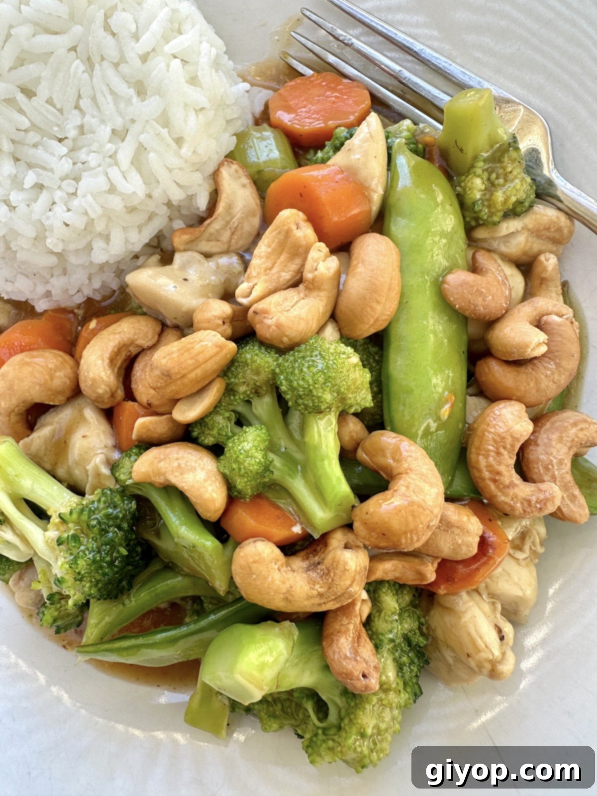 Chicken stir fry with cashews on a plate with rice.