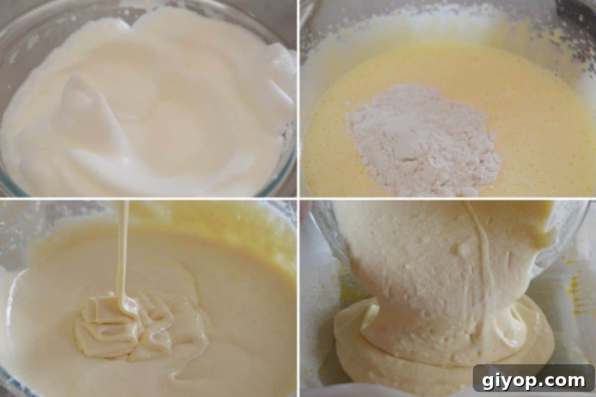 Ultimate Cinnamon Cake Roll Recipe 3 A collage of four images illustrating the process of making cinnamon cake roll batter, from mixing ingredients to preparing the baking pan.