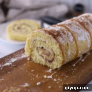 Ultimate Cinnamon Cake Roll Recipe 6 a close up look at a cinnamon cake roll.